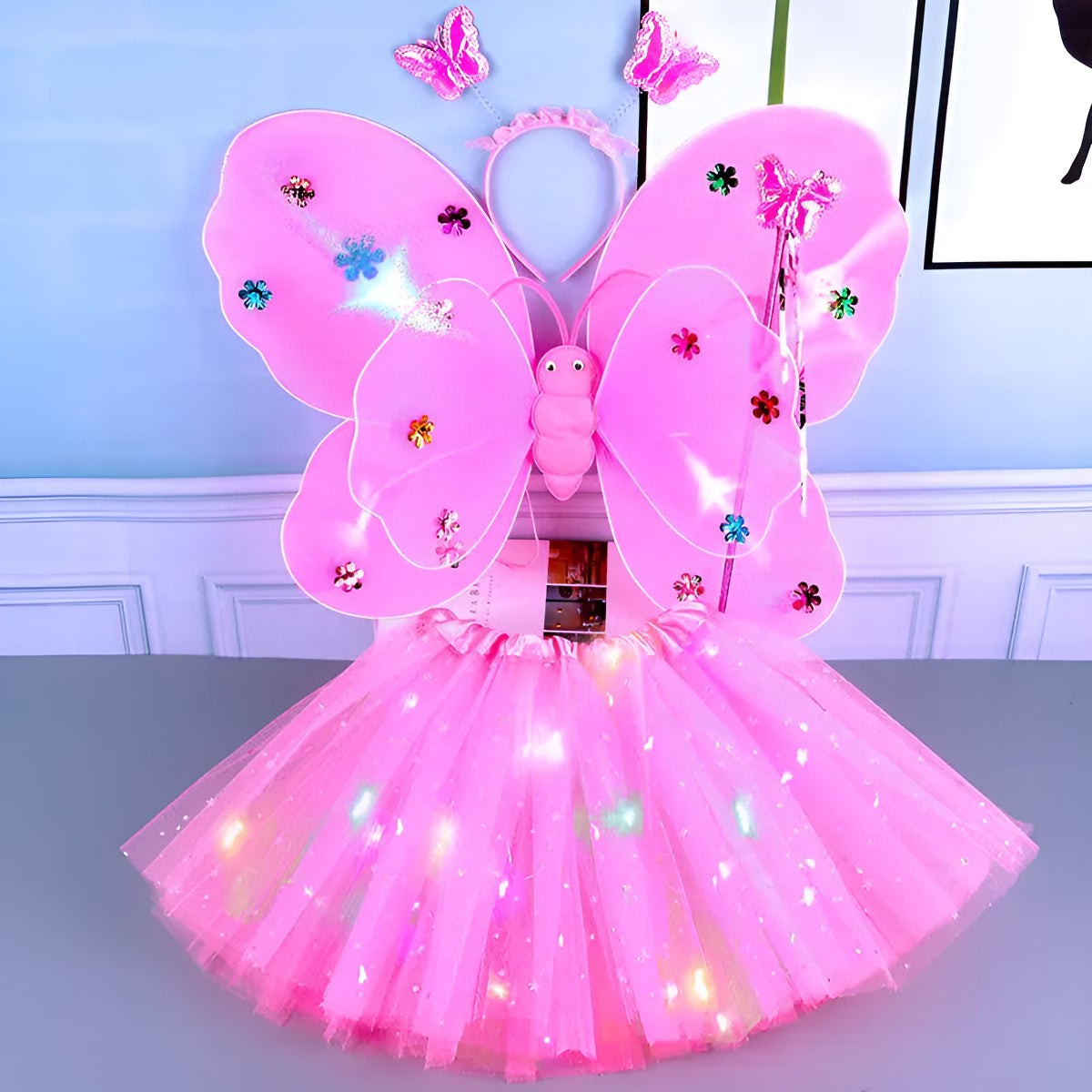 Kit Fada Led Saia + Tiara + Asa Led +varinha Fantasia Festa