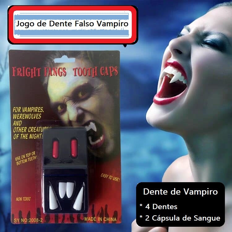 Kit Capa + Dente De Vampiro Com Sangue Falso Festa Halloween