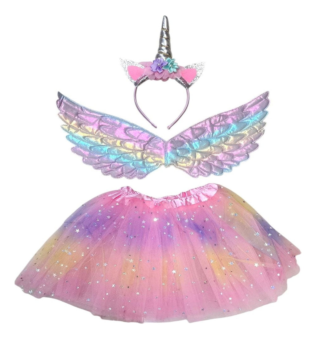 Fantasia Unicórnio Saia Led Colorida Asinha E Tiara Carnaval