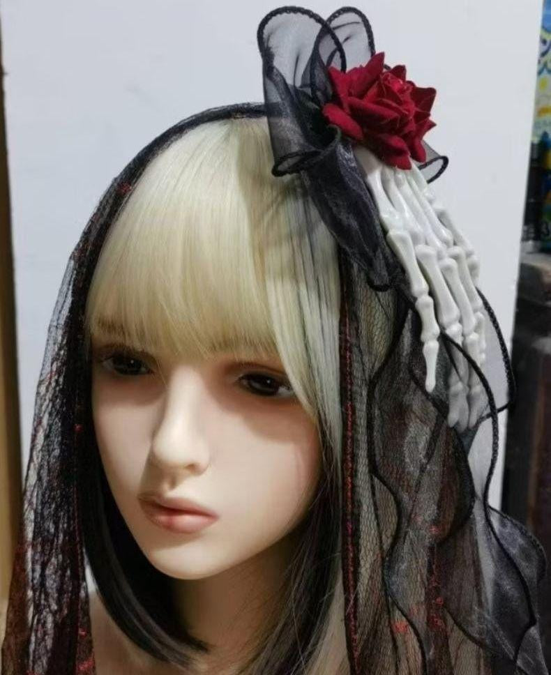 Presilha Mao Caveira C/ Flor Véu Enfeite Cabelo Halloween