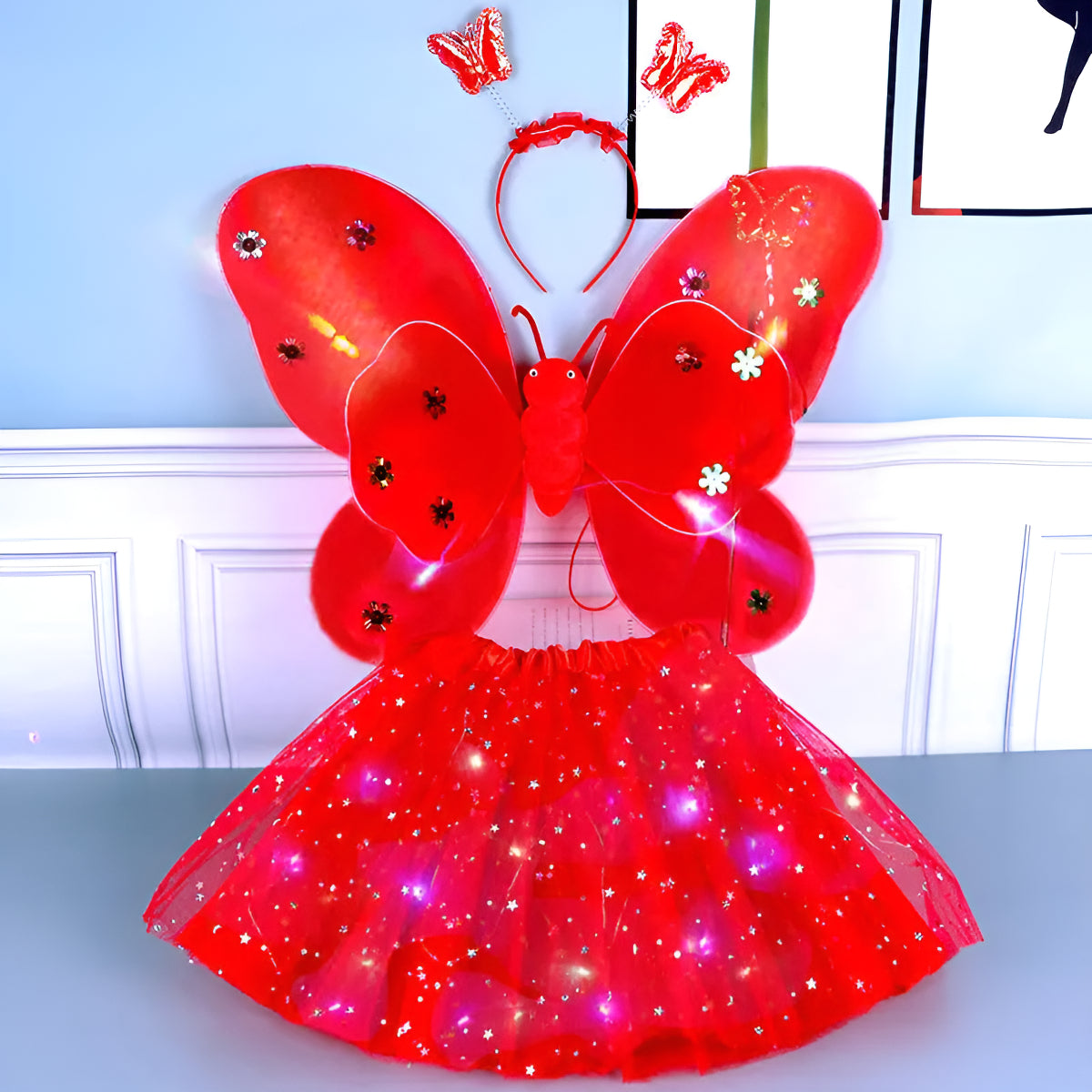Kit Fada Led Saia + Tiara + Asa Led +varinha Fantasia Festa