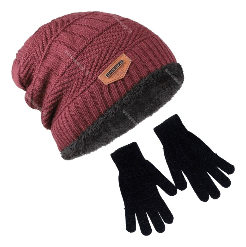 Kit Touca Gorro De Lã Forrada Com Pelúcia + Luva De Lã Preto