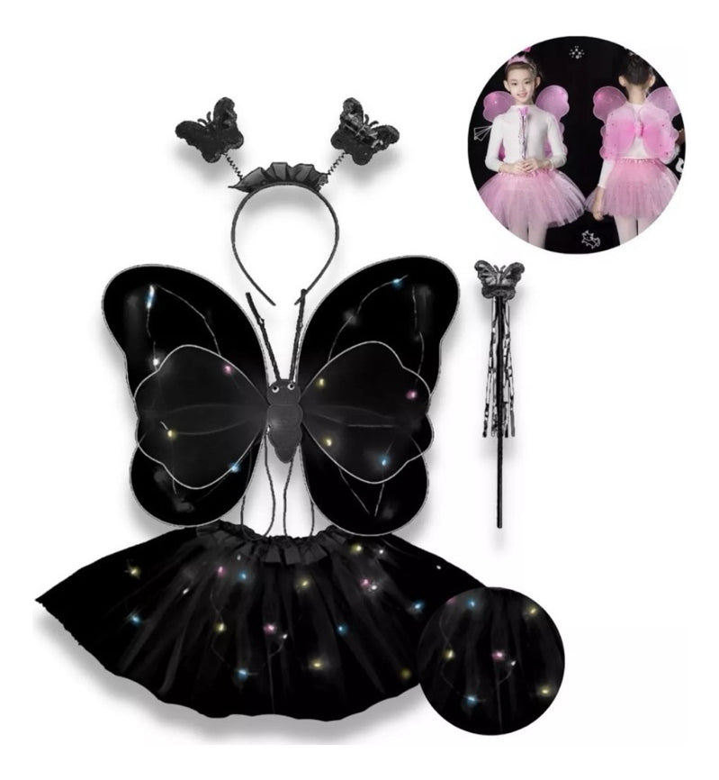 Kit Fada Led Saia + Tiara + Asa Led +varinha Fantasia Festa