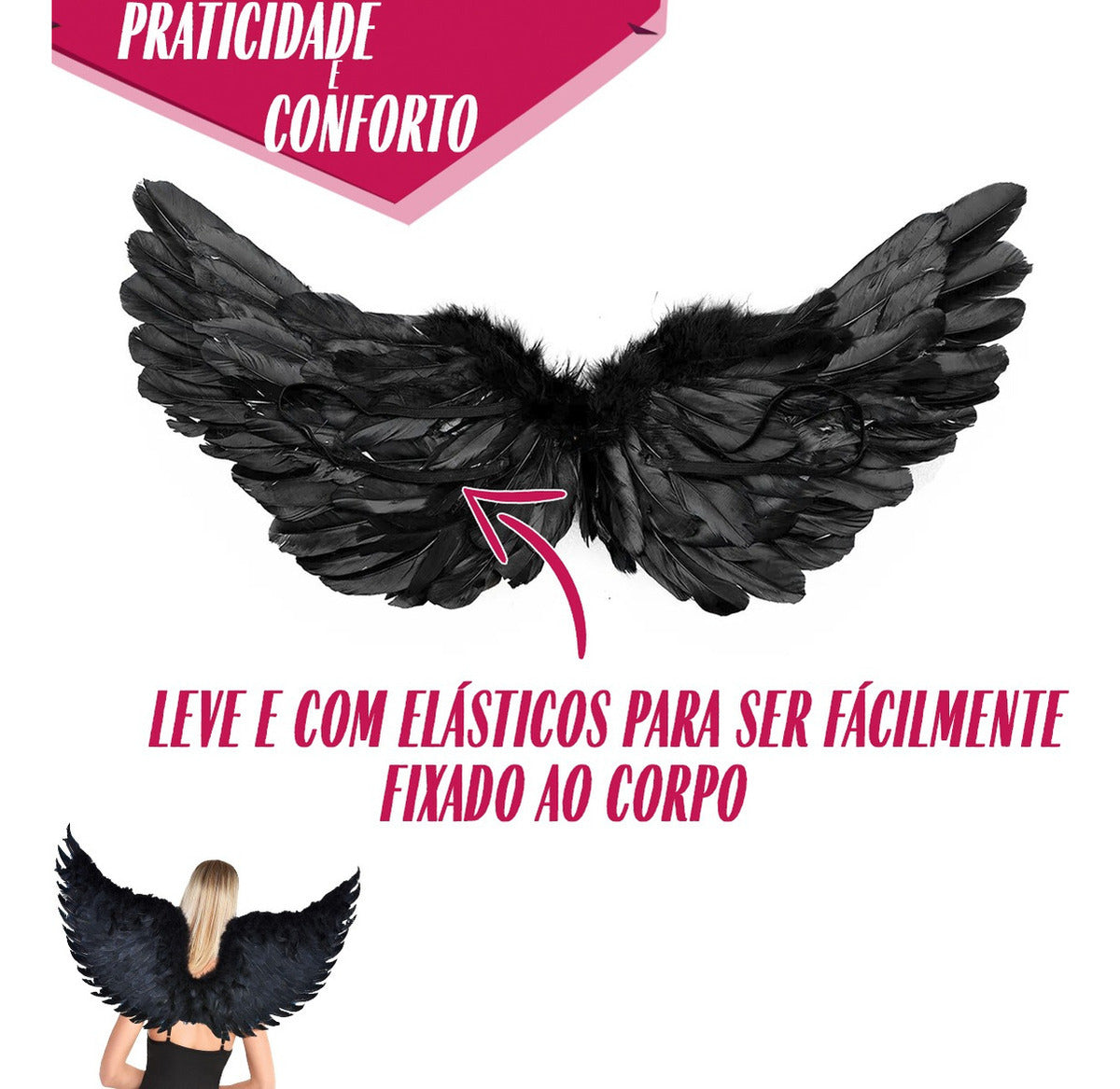 Asa Anjo Negro Pena Fantasia Carnaval Halloween Cosplay 60cm