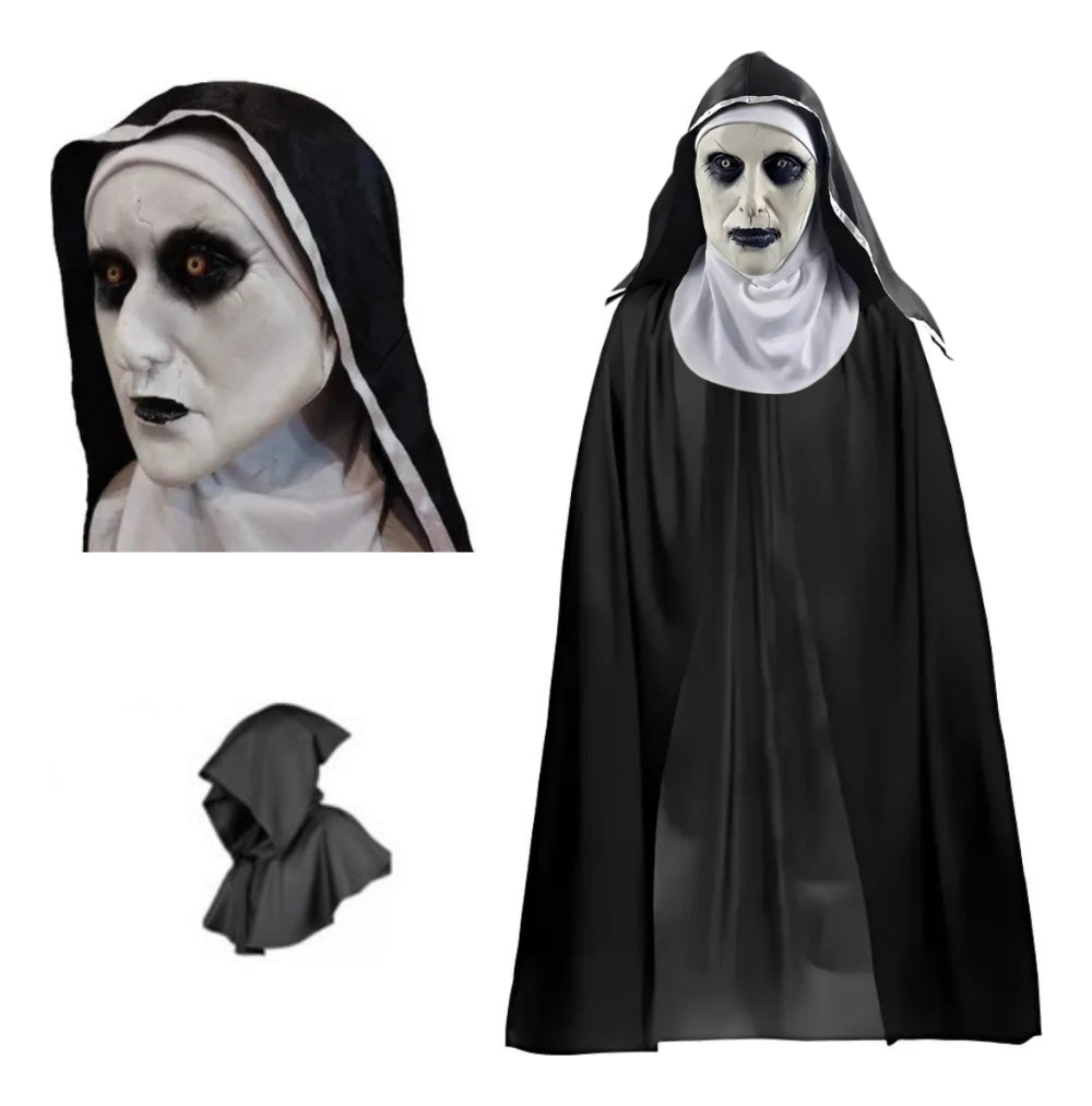 Kit Fantasia Freira Realista Máscara C/ Capuz Capa Halloween