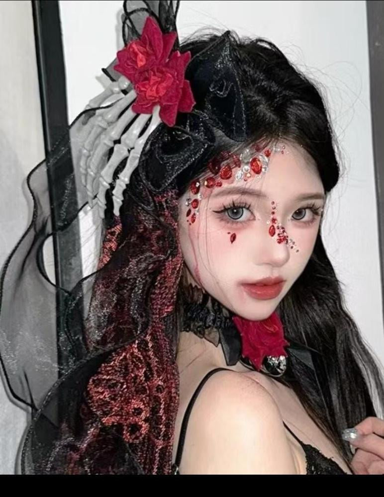 Presilha Mao Caveira C/ Flor Véu Enfeite Cabelo Halloween