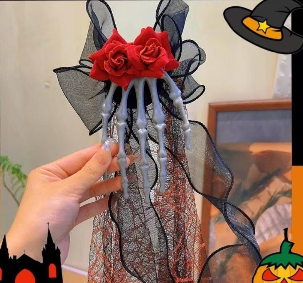 Presilha Mao Caveira C/ Flor Véu Enfeite Cabelo Halloween