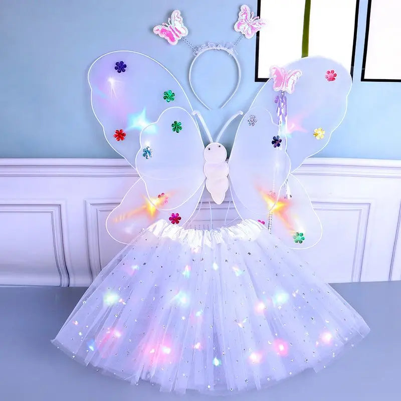 Kit Fada Led Saia + Tiara + Asa Led +varinha Fantasia Festa