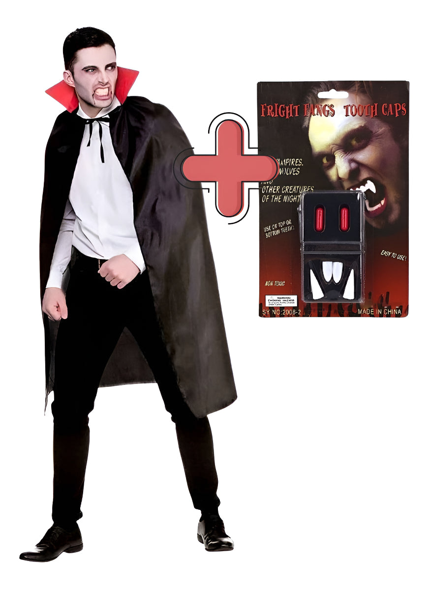 Kit Capa + Dente De Vampiro Com Sangue Falso Festa Halloween