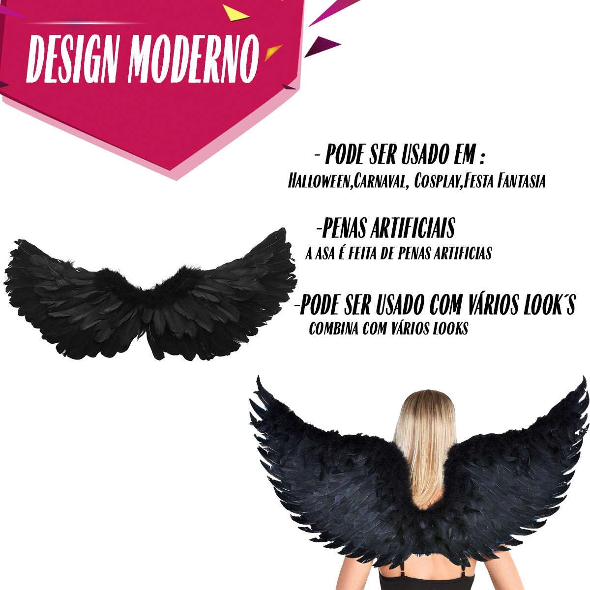 Asa Anjo Negro Pena Fantasia Carnaval Halloween Cosplay 60cm