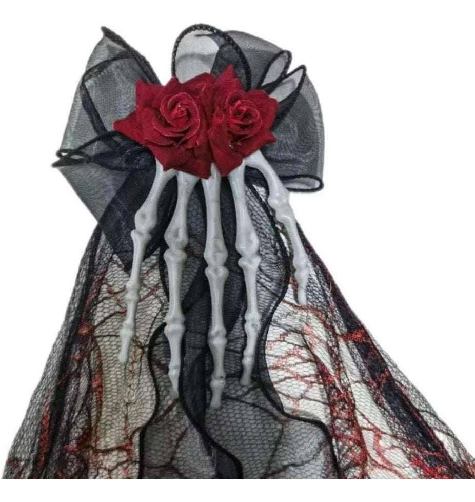 Presilha Mao Caveira C/ Flor Véu Enfeite Cabelo Halloween