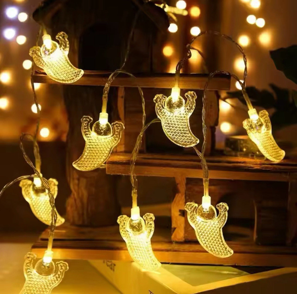 Cordão Led Fantasma Amarelo Halloween 2mt 10 Mini Luminarias