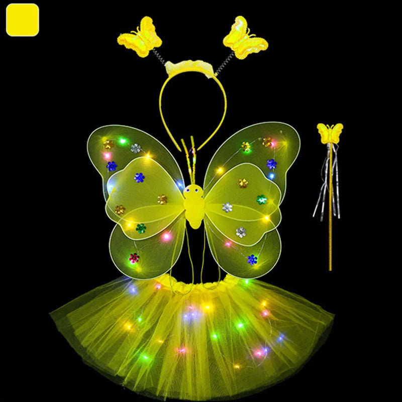 Kit Fada Led Saia + Tiara + Asa Led +varinha Fantasia Festa