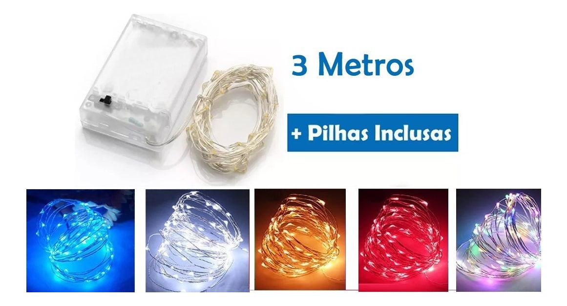 Kit 20 Fio Fada Cordão Luz Cores Natal 3mts 30 Leds+ Pilhas