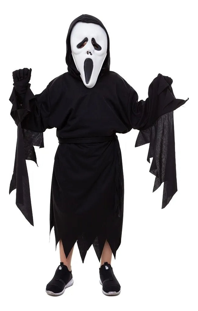 Fantasia Morte Túnica Preto Mascara Faca Fake E Luvas Festa