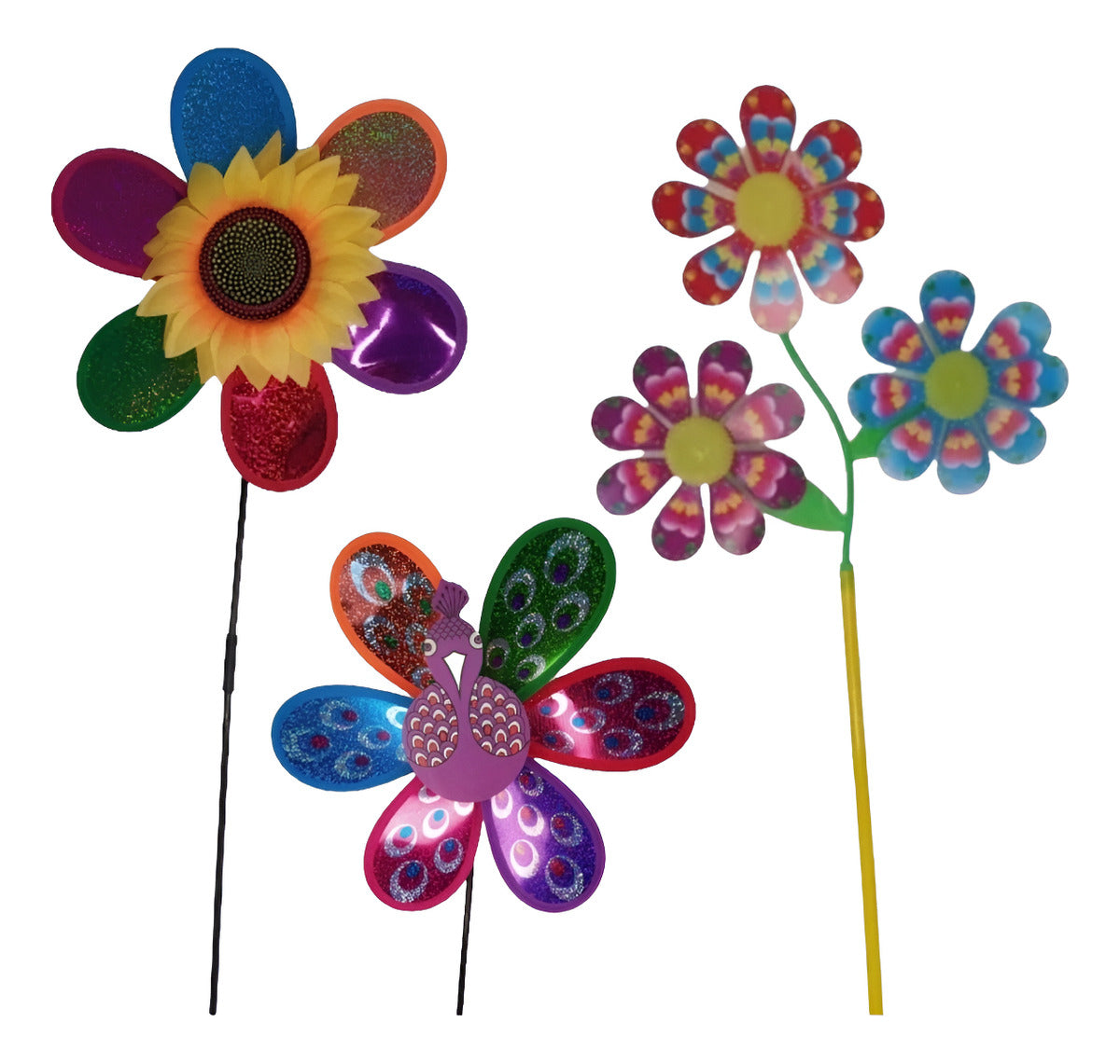 3 Cata-vento Pavão Flor Girassol P/ Decoração Jardim Varanda