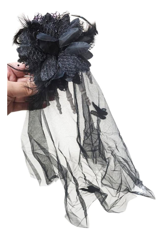 Presilha Mao Caveira C/ Flor Véu Enfeite Cabelo Halloween