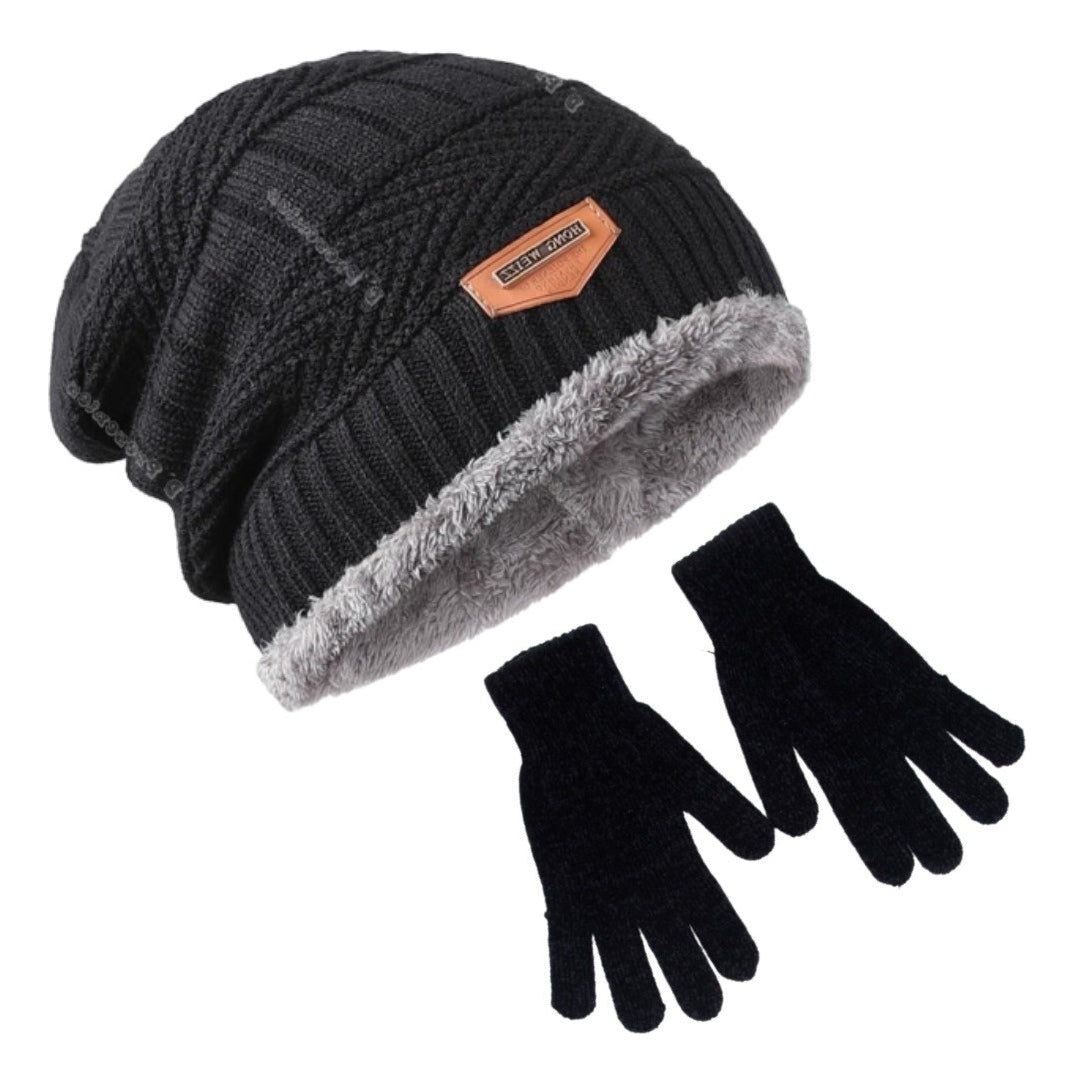 Kit Touca Gorro De Lã Forrada Com Pelúcia + Luva De Lã Preto