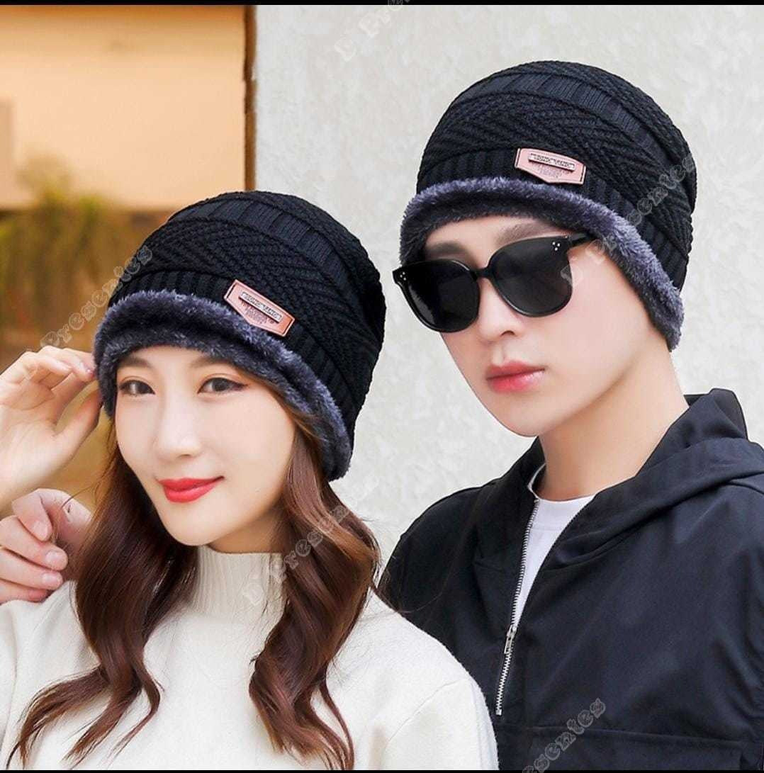 Kit Touca Gorro De Lã Forrada Com Pelúcia + Luva De Lã Preto