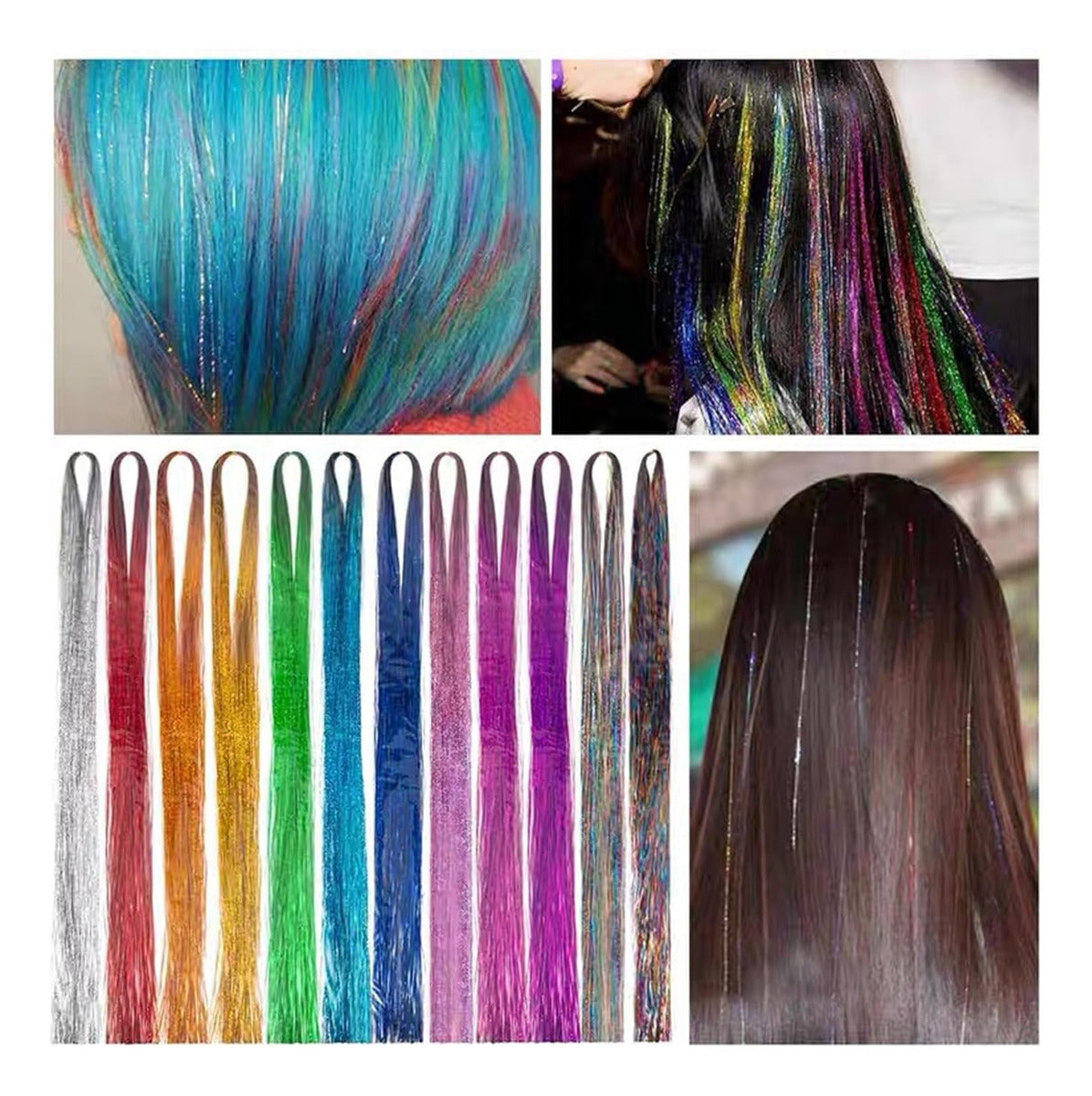 12 Cores Cabelo Extensões Cabelo Glitter Mulheres Meninas