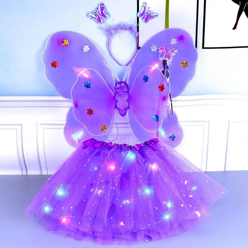 Kit Fada Led Saia + Tiara + Asa Led +varinha Fantasia Festa