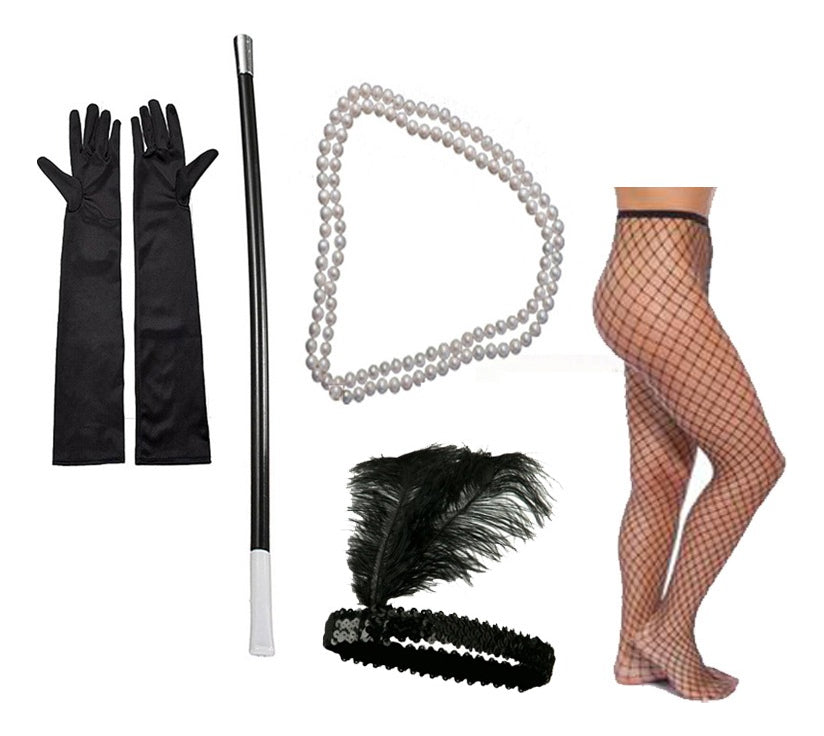Kit Fantasia Melindrosa Gangster Tiara Luvas Colar Meia 5 Pç