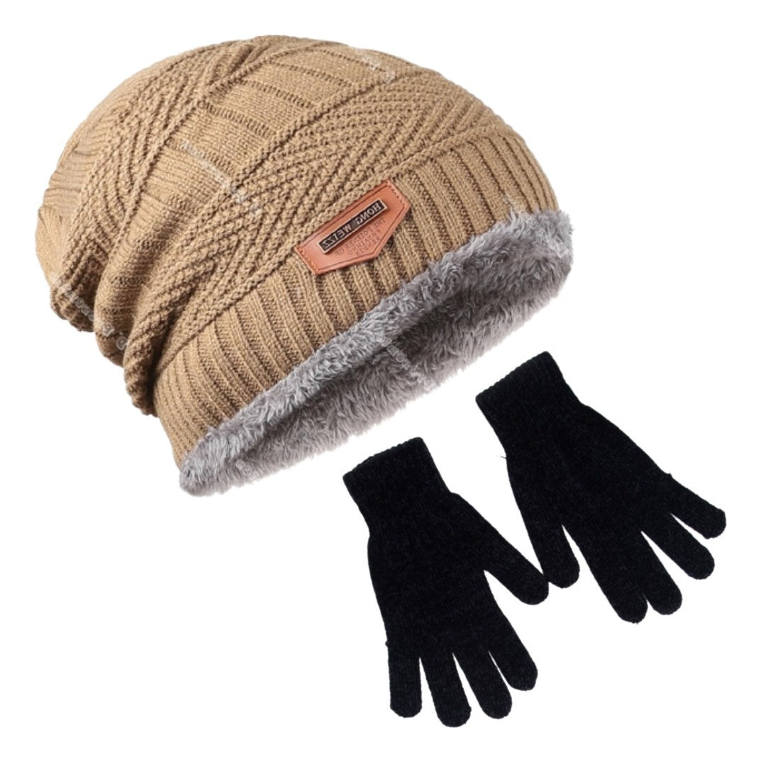 Kit Touca Gorro De Lã Forrada Com Pelúcia + Luva De Lã Preto