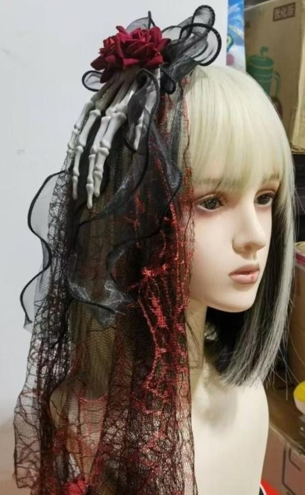 Presilha Mao Caveira C/ Flor Véu Enfeite Cabelo Halloween